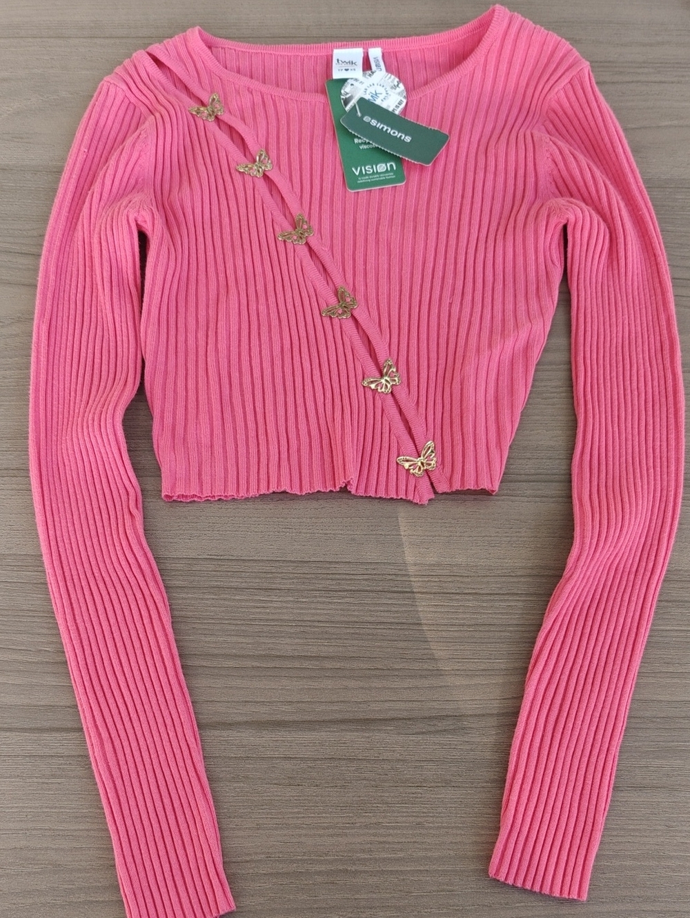 as is twik Pink Ribbed Long-Sleeve Cropped Top with Gold Butterfly Accents